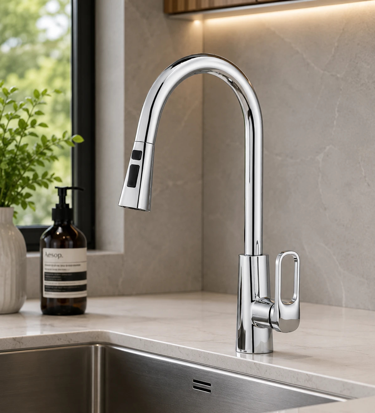 Vòi bếp nóng lạnh cắm chậu rút dây, bát sen 2 chế độ AM 1008